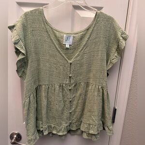 Button-Front Light Sage Textured Ruffle Blouse